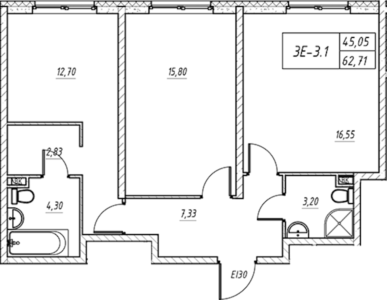 2-комнатная квартира 63.07 м², 7/14 эт., Комплекс апартаментов «Zoom на Неве»